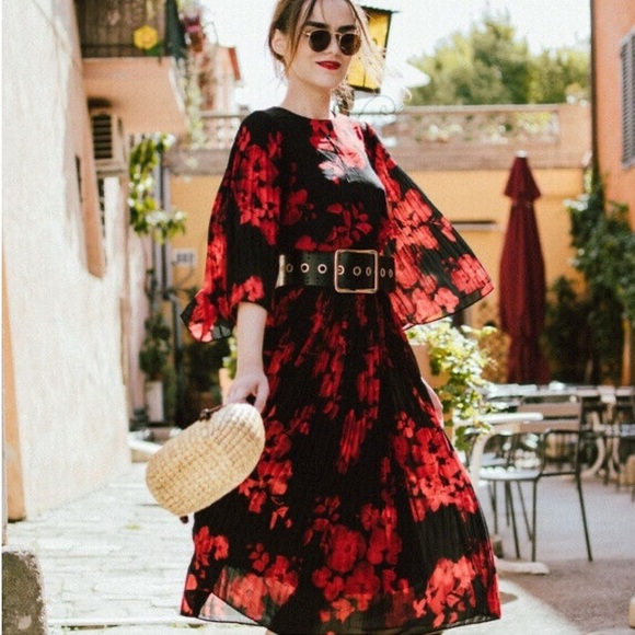 NWOT H&M Chiffon Red & Black Floral  Poppy Pleated Midi Dress Women Size 6 US - Picture 6 of 12